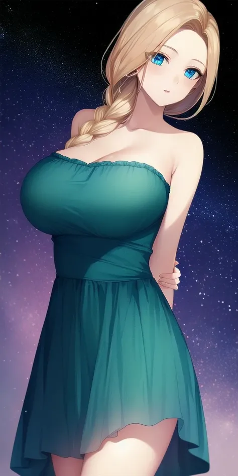 <lora:BiancaWhitakerV6:0.75> Bianca_Whitaker_single_braid, huge_breasts, standing, solo, arms_behind_back,  starry_sky, green_strapless_short_dress, masterpiece, best_quality, detailed_face, detailed_eyes, highres, beautiful, detailed, absurdres,