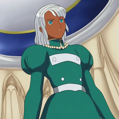 1boy, femboy, loran, loran cehack, loran gundam, dark skin, white hair, blue eyes, white hairband, toned, green dress, pearls, ballroom, mansion, dynamic angle, solo, solo focus,