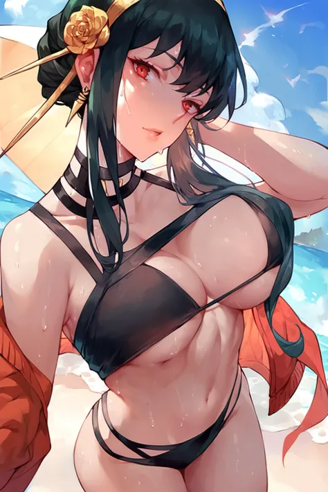 score_9, score_8_up, score_7_up,1girl,highly detail,looking at viewer,long hair,yor briar ,swimsuit,beach,sky,  <lora:style2:1>ï¼style2,sweat,