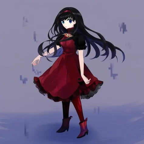 1girl, solo, red hairband, black hair, long hair, blue eyes, dress, pantyhose, red footwear