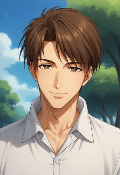 score_9, score_8_up, score_7_up, source_anime, highly detailed, 
conradweller, 1boy, male focus, solo, brown hair, brown eyes, shirt, smile, looking at viewer,
white shirt, collared shirt, blue t-shirt, upper body,
outdoor, sky, tree