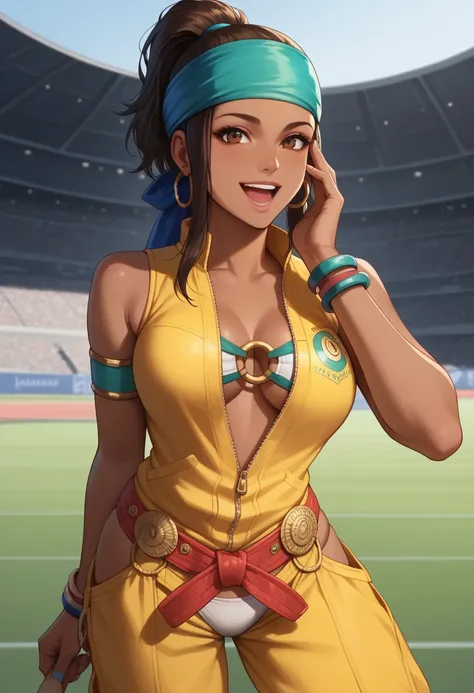 score_9, score_8_up, score_7_up, score_6_up, source_anime BREAK <lora:ZarinaKOF:0.9>, ZarinaKOF, dark-skinned female, brown hair, hoop earrings, high ponytail,  headband, yellow sleeveless vest, o-ring, yellow chaps, white panties, armlets, hand on own fac...