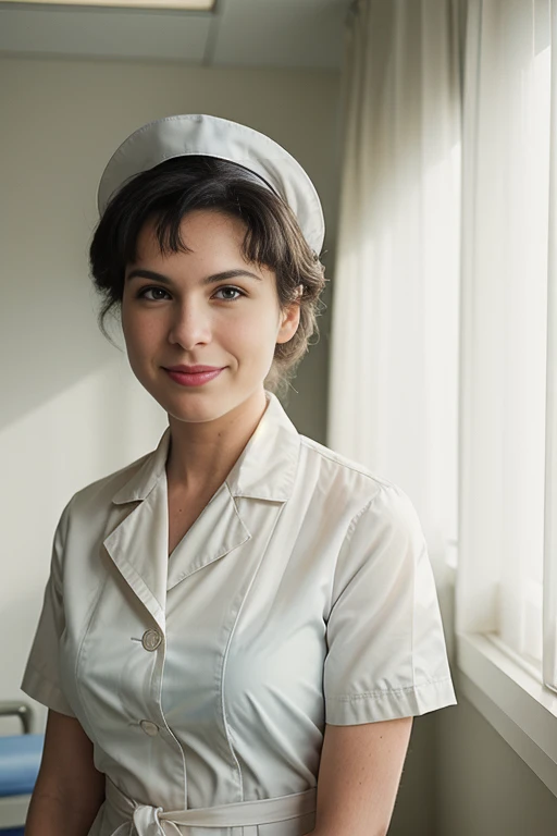 BarRu3TTXV1D,
a beautiful smiling woman in white nurse uniform is standing near a machine in a room with curtains and a curtained window behind her, (white-colored nurse outfit:1.2), (hospital setting:1.2), smiling, showing teeth,
(professional photo shoot...