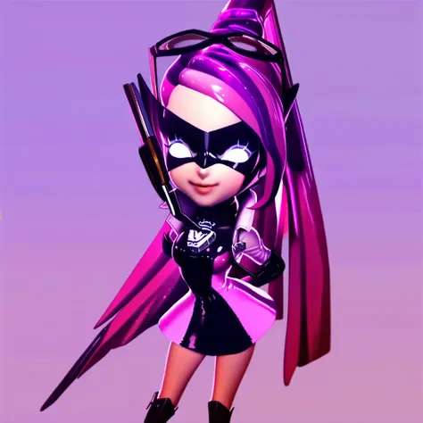 Wonder pink, mask, pink hair with purple streaks, ponytail, white eyes, headset, black elbow gloves, light pink jacket, mini dress with black stripe, emblem on chest, black boots, popped collar, BREAK score_9, score_8_up, score_7_up, score_6_up, score_5_up...