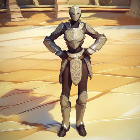 score_9, score_8_up, score_7_up, padawan exile armor, swtor, solo, armor, hands on hips, helmet, gloves, full armor, full body, breastplate, mask, standing, 1girl, shoulder armor, female focus, boots, pauldrons