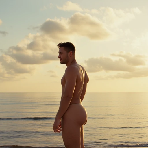 a charming and warm photograph of a man at the beach on a sunny day