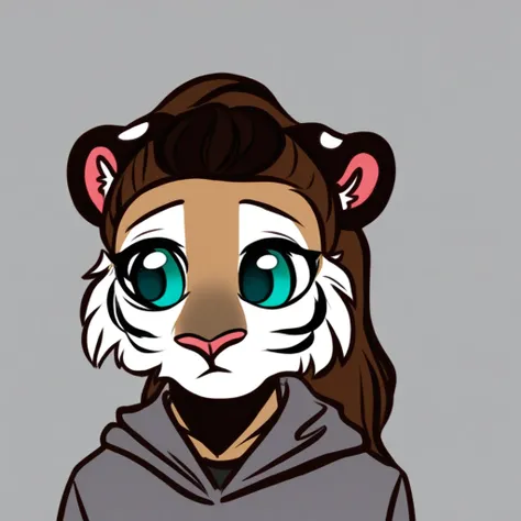 anthro tiger, brown hair, blue eyes, ponytail, gray hoodie, sad, cute, portrait, solo