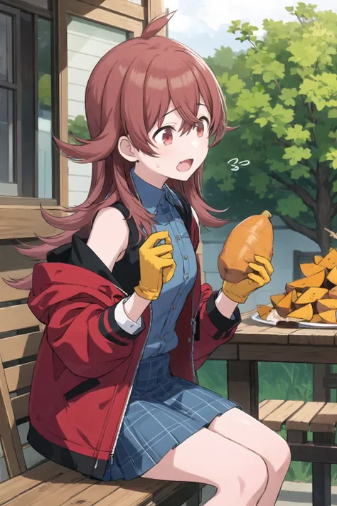 k_komiya, 1girl, long hair, ahoge, red eyes, red hair, bangs, hair between eyes, happy, blue skirt,breath,brown shirt,collared shirt,food,gloves,holding,holding food,jacket,long sleeves,looking to the side,miniskirt,open clothes,open jacket,open mouth,outd...