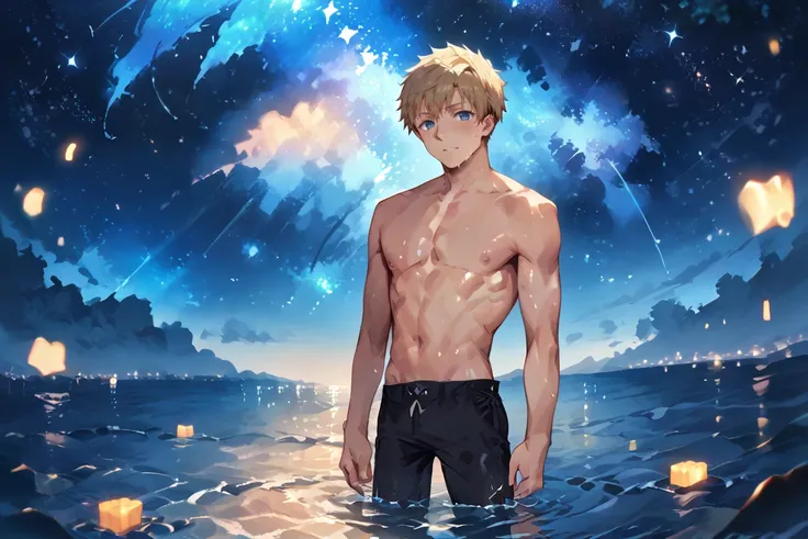 score_9_up, score_8_up, score_7_up, masterpiece, source_anime, 1boy, BTheme, blue eyes, topless, black pants, (celestial background), (standing in water), ,laios, solo male, solo focus, colored_skin, shadow, reflection,looking at viewer, night sky