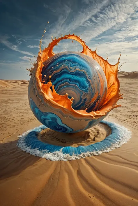 an atmospheric psychedelic shape in a sandy planet, floating splashes water, surreal, impossible landscape, abstract, ultra glow, psychedelic, movie still, blue, teel, orange, grey, hyper photorealistic,