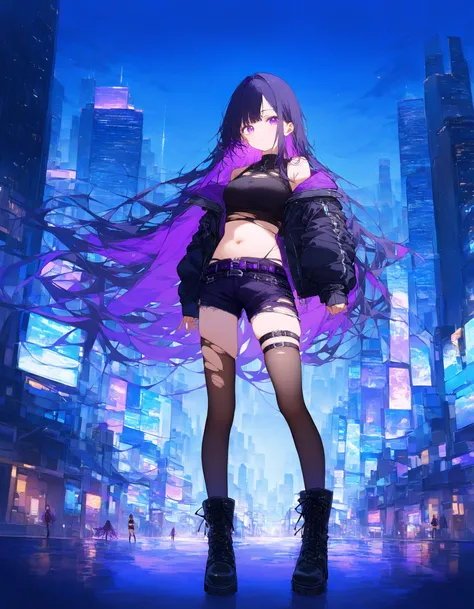 1girl, solo, long hair, breasts, looking at viewer, bangs, blue eyes, shirt, black hair, thighhighs, long sleeves, navel, very long hair, closed mouth, standing, purple eyes, jacket, full body, purple hair, multicolored hair, boots, outdoors, open clothes,...