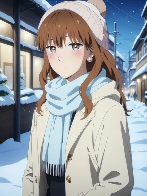 score_9, score_8_up, score_7_up, source_anime, best quality, ((masterpiece)), highly detailed, ultra-detailed, (illustration), (beautiful detailed eyes), fuyutsuki, 1girl, solo, pearl earrings, outdoors, street, snow, night, (coat, scarf), looking at viewe...