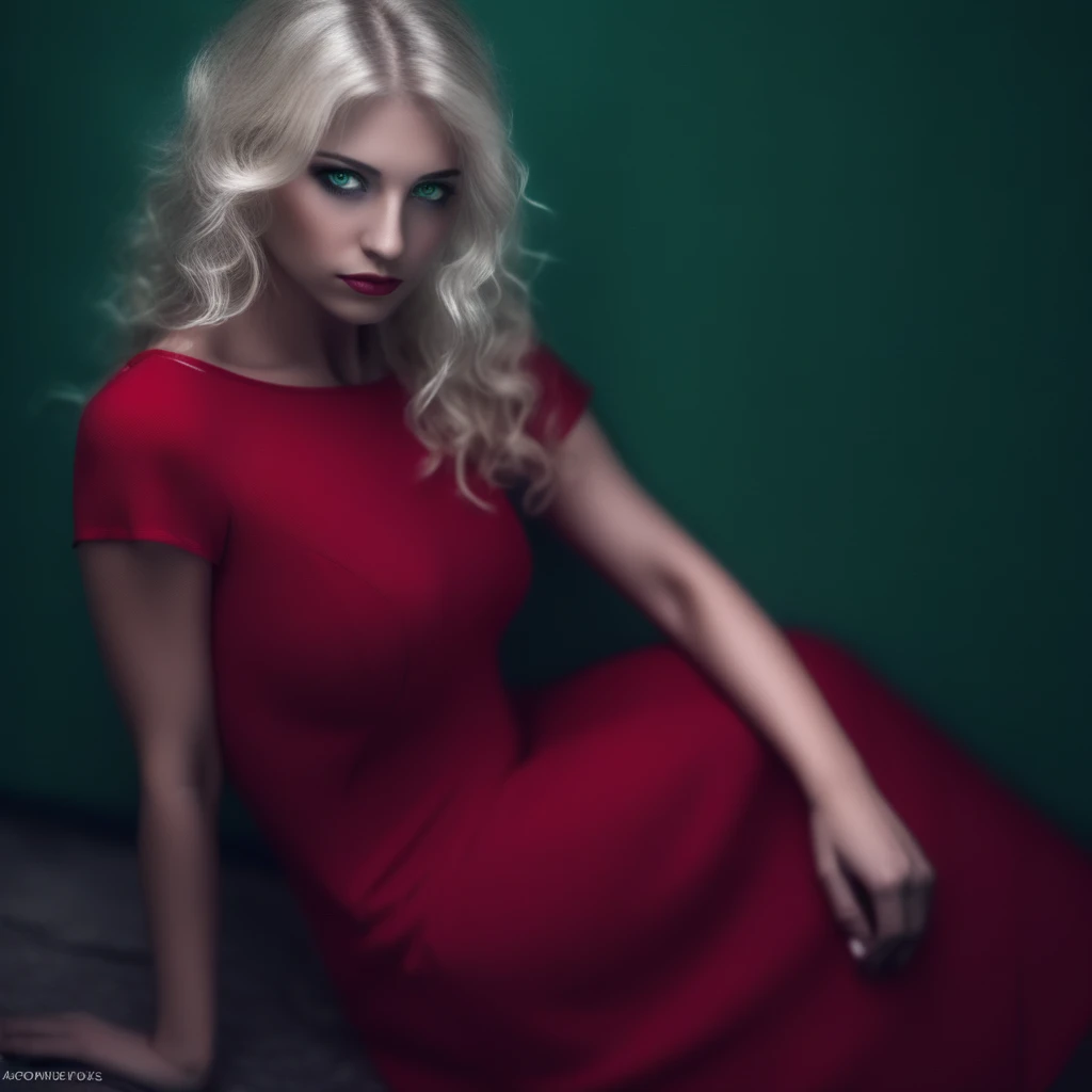 blonde hair, green eyes, red dress