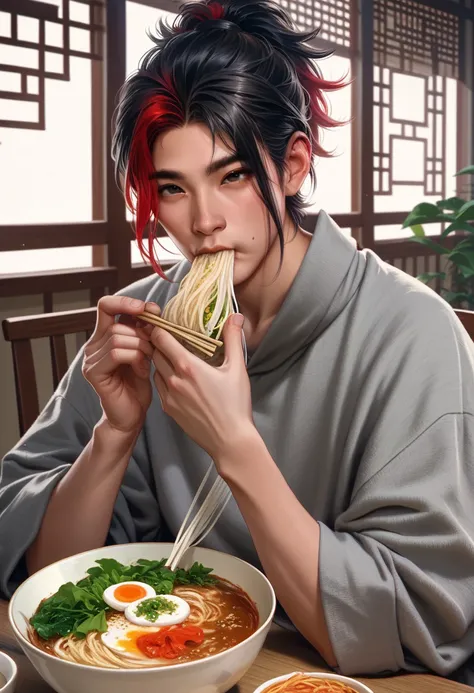 score_9, score_8_up, score_7_up, score_6_up, male, black hair, red hair, ponytail, multicolored hair, brown eyes, asian, grey makeup eyes, clothes in grey costume, sitting, eating ramen, dean