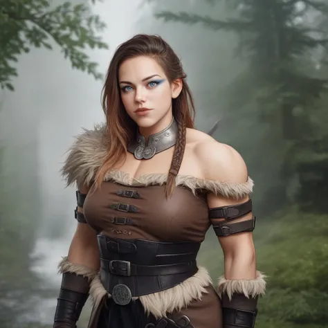 score_9, score_8_up, score_7_up, source_anime, professional photograph of Marit woman, long hair, brown hair, blue eyes, muscular body, shes posing in a forest, viking longhouse in the distance, nordic scene, wearing a viking outfit, chestplate, rating_saf...