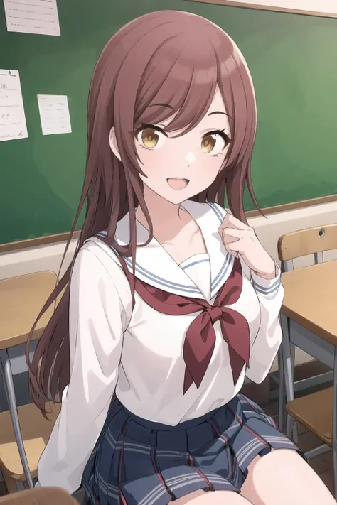 a_osaki, 1girl, solo, long hair, brown hair, brown eyes, yellow eyes, small breasts, swept bangs, looking at viewer, smile, open mouth, sitting, plaid, school uniform, bow, white sailor collar, pleated skirt, shirt, plaid skirt, sailor collar, long sleeves...