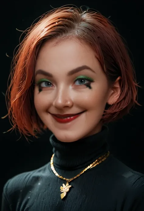 score_9, <lora:AlienorPXL:1> , black turtleneck, gold necklace, smile, dark red shiny lipstick, mascara, green eyeshadow, portrait, black background