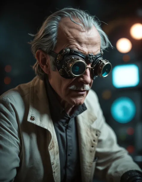 cinematic film still old evil scientist,man, cyberpunk, mask, wrathful eyes, dark science lab, steampunk sun glasses, dark atmosphere, Homunculus . shallow depth of field, vignette, highly detailed, high budget, bokeh, cinemascope, moody, epic, gorgeous, f...