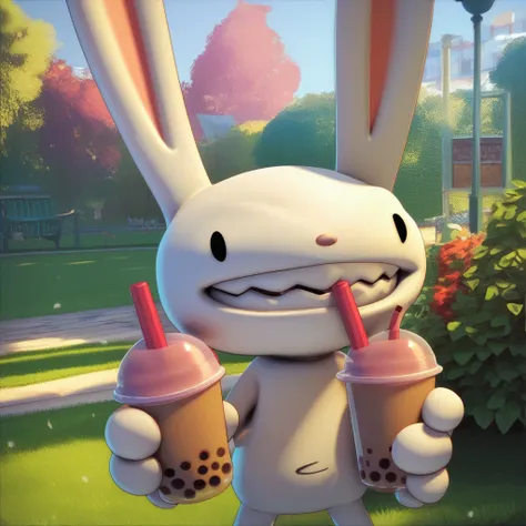 score_9 score_8_up score_7_up, max rabbit, holding, bubble tea, park