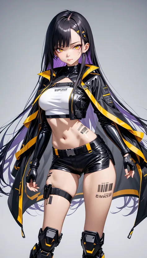 1woman, cyberpunk style, black futuristic coat, black hair, straight hair, long hair, purple inner hair, hexagon shape on cloak,  cyber cloak, tactical belts, yellow trim on clothes, holster,white  tanktop, navel, shorts, mechanical fingerless glove, mecha...