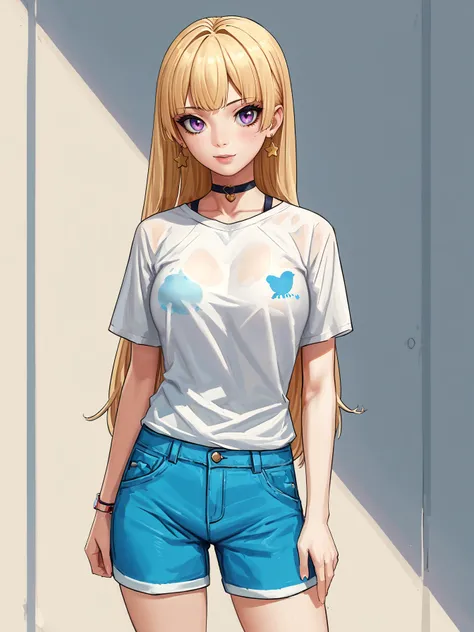 (score 9 up, score 8 up, highest score, highest quality), uncensored, 
 <lora:Michihasu_Artist_Style_PonyXL:1> 1girl, shirt, shorts, standing, looking at viewer,