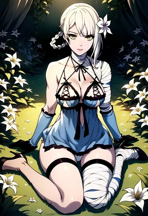 score_9_up, score_8_up, score_7_up, extreamly detailed, beautiful detailed face, complex detailed background, completely clothes, BREAK, 
KAINE (NIER), 1girl, solo, breasts, bangs, large breasts, hair ornament, gloves, bow, ribbon, cleavage, sitting, under...