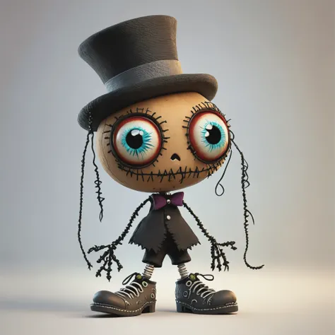 FRESHIDEAS Little Voodoo dolls.,A cute little Voodoo doll with top hat and shoes,character design,full body shot,detailed eyes,in the style of Pixar,