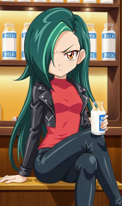 TM, 1girl, solo, green hair, hair over one eye, long hair, forehead, open leather jacket, red tank top, leather pants, sitting at milk bar, leaning against bar, legs crossed, drinking milk, annoyed, looking at viewer, <lora:Tori Meadows Pony XL:0.75>