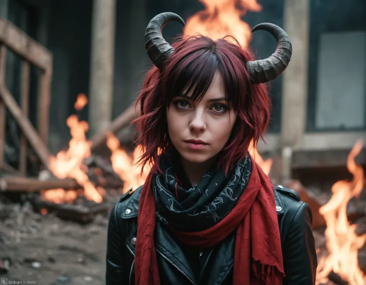 photograph, punk young_female_demon, red skin tone, (VAE batch), dark eyesLight hair styled as Wavy, Horns, Scarf, Lonely, hell, fire, Decopunk, film grain, Phase One XF IQ4 150MP, 35mm, art by Bojan Jevtic