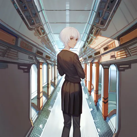 score_9, score_8_up, score_7_up, sola di ryuvia, 1girl, solo, short hair, white hair, school uniform, looking back, brown eyes, looking at viewer, spacecraft interior, corridor, door, LED, hallway