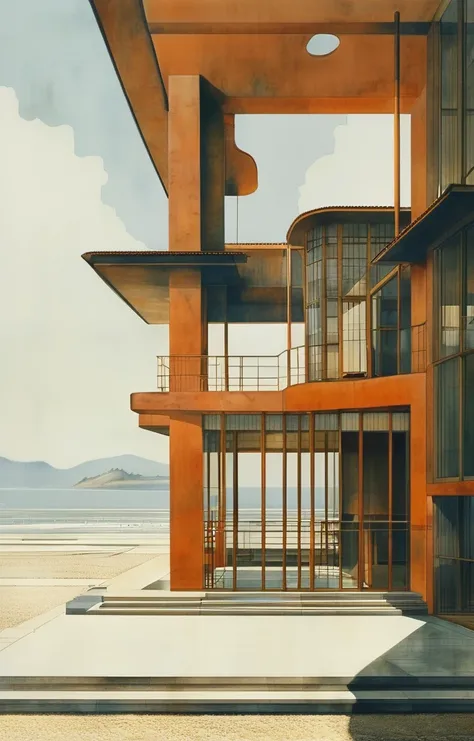 masterpiece,best quality,<lora:tbh396-sdxl:0.6>,illustration,designed by Peter Behrens, Minimalist Japanese-inspired tea house by the sea, evoking the style of Tadao Ando