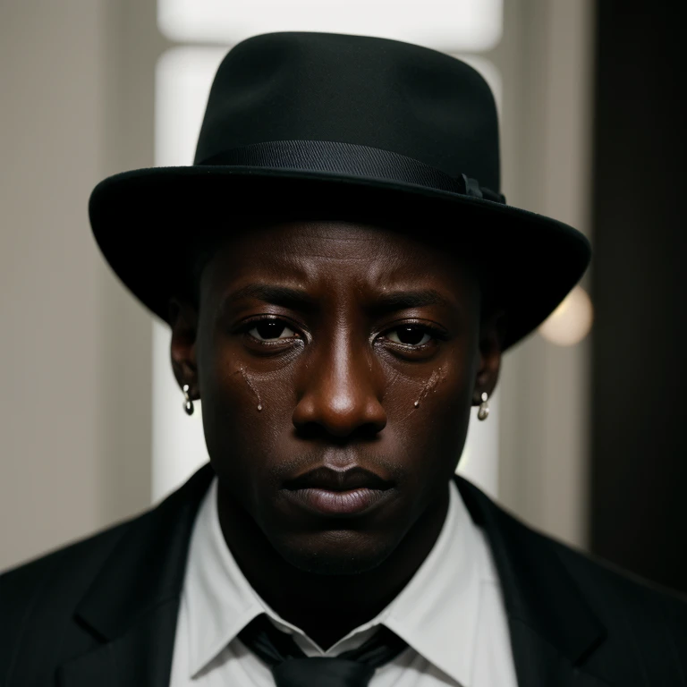 cinematic film still of  <lora:facial expression style SD1.5:0.6>
young wesley snipes teary crying facial expression of a teary man in a black hat holding a gun, movie themed, sharp, detailed skin, epic cinematic photography, artistic, creative, wrinkly fa...