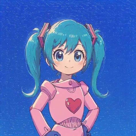 score_9, score_8_up, score_7_up, Miku hatsune, 1Girl, Solo, looking at viewer, blue hair, blue eyes, twintails, smile, :3, hand on own hip, Upper Body, standing, closed mouth, long hair, blue gloves, gloves, blush, armor, bodysuit, star (sky), sky, heart, ...