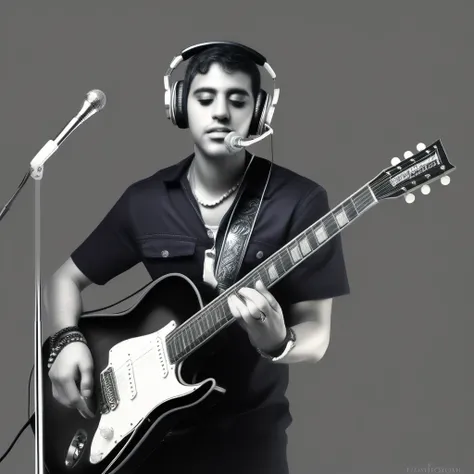 headphones, brown eyes, playing instrument, microphone, guitar, jewelry, car, black eyes, blue background, greyscale