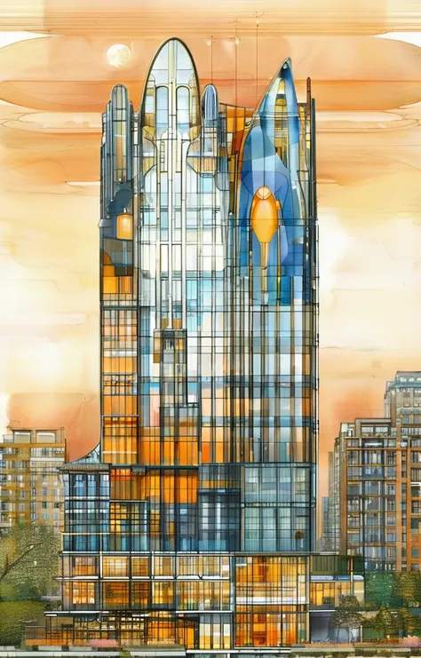 masterpiece,best quality,<lora:tbh398-sdxl:0.6>,illustration,designed by CFA Voysey
 Futuristic skyscraper with organic shapes, inspired by Zaha Hadid, gleaming under a sunset sky