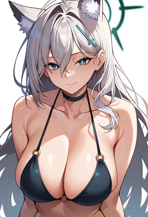 score_9,score_8_up,core_7_up,<lora:shiroko_terror_xl:1>shiroko terror, 1girl, breasts, solo, swimsuit, bikini, large breasts, animal ears, upper body, black bikini, choker, black choker, cleavage, smile, white background, simple background, looking at view...