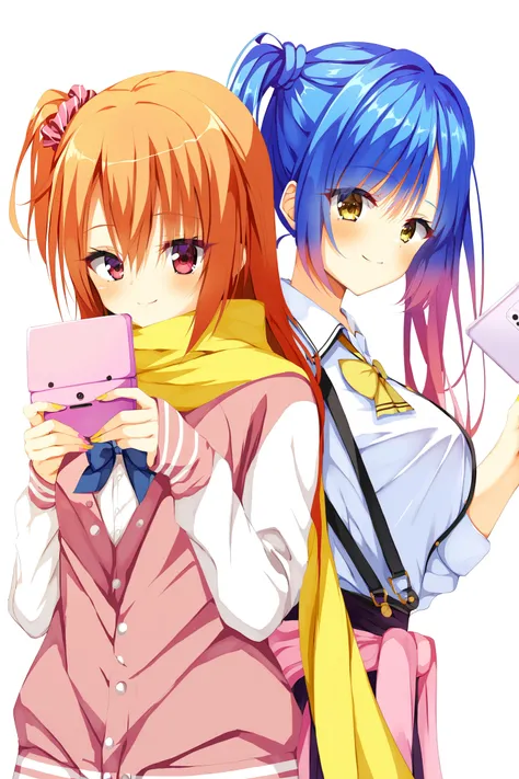 score_9, score_8_up, score_7_up, yuzu-soft, 2girls, multiple_girls, orange_hair, yellow_eyes, smile, simple_background, pink_jacket, blue_hair, hair_between_eyes, hair_ornament, holding, long_hair, bow, eyelashes, white_background, yellow_scarf, wavy_hair,...