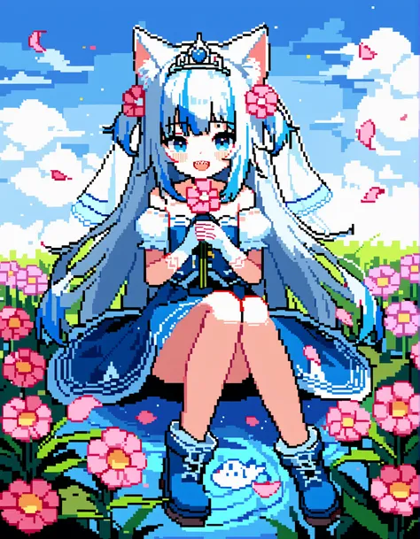 by akziqi, pixel art, by rinringyo, gawr gura, 1girl, :d, animal ears, bare shoulders, blue eyes, blue footwear, blue hair, blue skirt, boots, cat ears, collarbone, detached sleeves, flower, gloves, grey hair, hair flower, hair ornament, holding, holding f...