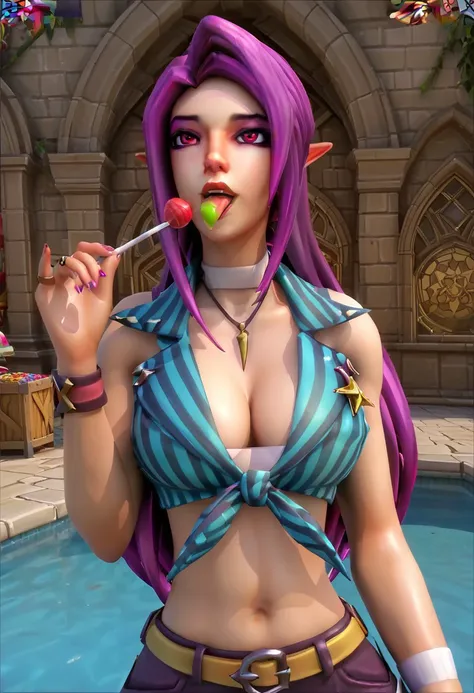 ,score_9, score_8_up, score_7_up, streetstskye, , Street style sky (paladins),
streetstskye, Street style sky (paladins), 1girl, solo, long hair, breasts, looking at viewer, open mouth, large breasts, navel, cleavage, jewelry, nipples, pink hair, purple ha...