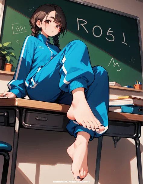 scorce_9,score_8_up,score_7_up,score_6_up,score_5_up,, ,, 1girl,solo,blue track suit,baggy blue track pants,braids,barefoot,  sitting on desk,foot focus, desk,chalkboard,foreshortening, thick eyebrows,(((black toenails))),looking at viewer, arm support,