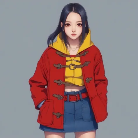 1girl,open red duffle coat,yellow midriff Bare top,belt,denim skirt