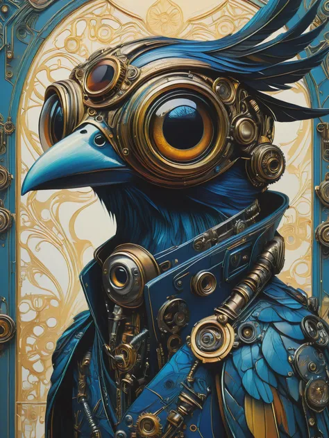 FRESHIDEAS not a good guy,Beautiful portrait of an exotic bird with big eyes dressed in ornate futuristic steampunk in the style of James Jean and Ashley Wood art style,highly detailed with perfect lighting and cinematic composition,