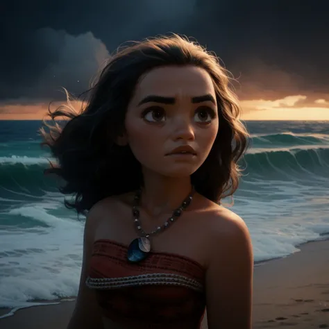 score_9, score_8_up, score_7_up, score_6_up, score_5_up, score_4_up, MoanaM, standing on the beach, stormy weather, dark sky, waves, portrait, necklace