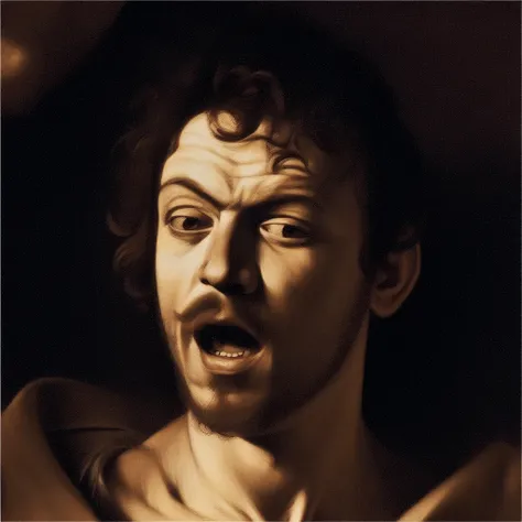 caravaggio, solo, 1boy, male focus, open mouth, realistic, sepia, monochrome, portrait, facial hair, looking at viewer