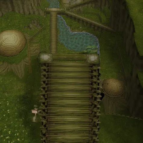 platform, top view, overgrown, nintendo nds, sign, exit, stairs, backpack, bridge, lostwoods way, Links House, solo, flower, river