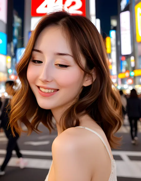 A captivating close-up image captures L4UR13, a woman with long, chestnut-brown hair cascading down her shoulders in loose waves. Her eyes are closed, and a radiant smile adorns her face as she hums a melody only she can hear. The background is a blur of v...