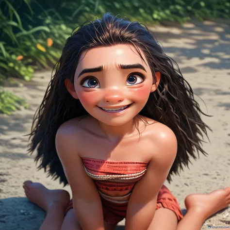 score_9, score_8_up, score_7_up, score_6_up, score_5_up, score_4_up, Moana, on the ground, barefoot, small breasts, small smile, blushing, looking up at viewer