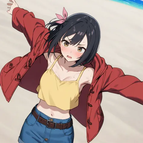 Tropical Beach, 1girl, sweat, spread arms,short hair, black hair, pink hair ribbon,yellow midriff Bare top, denim miniskirt, belt BREAK unworn red duffle coat