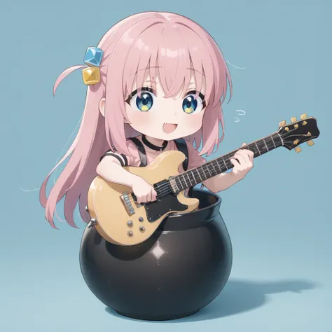 chibi girl in pot <lora:tsubo pony:0.7> bocchi, holding Guitar