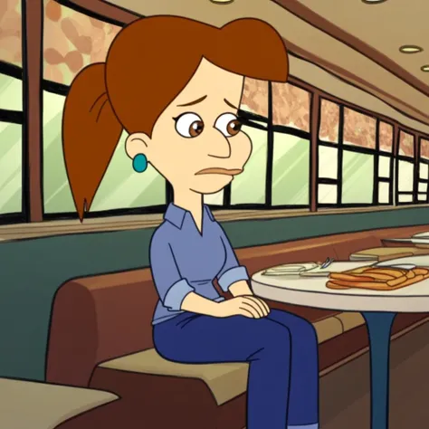 score_9, solo, shannon_bm, brown hair, earrings, ponytail, brown eyes, shirt, pants, sitting, restaurant